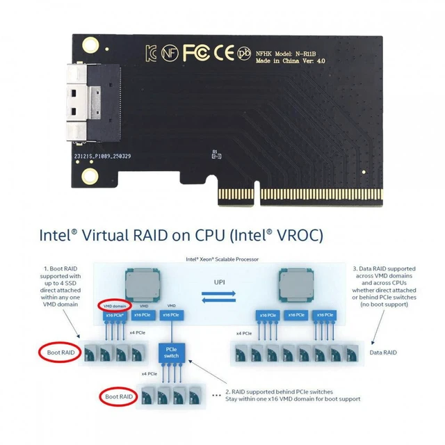 Alt view image 3 of 7 - Vszerda External Slimline SFF-8654 8X 74Pin to PCIE Express 3.0 PCIE4.0 Raid Card VROC Raid0 Hyper Adapter