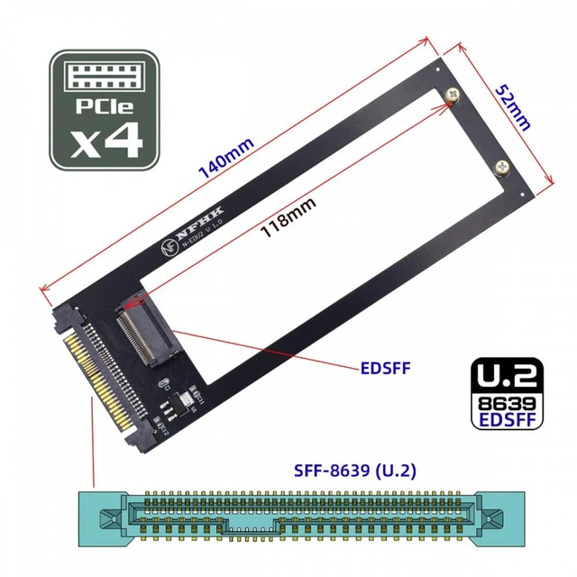 Alt view image 3 of 7 - Vszerda U.2 SFF-8639 Host to PCI-E Ruler 1U GEN-Z EDSFF 9.5mm 15mm 25mm Short SSD E1.S with Heat Sink PM9A3 PM9D3 P5801X Carrier Adapter