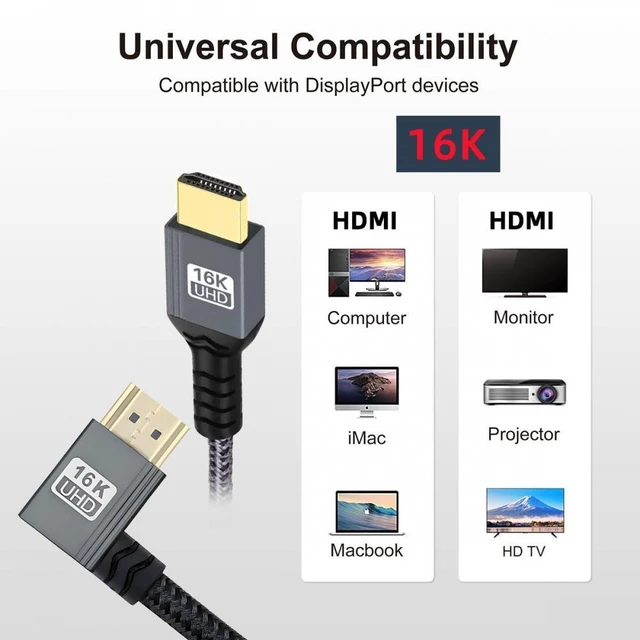 Alt view image 3 of 7 - Vszerda Left Angled 16K 8K UHD HDMI 2.2 Version Type-A Male to HDMI Male HDTV Cable 90 Degree for HDTV Desktop Laptop Monitor (1.0M)