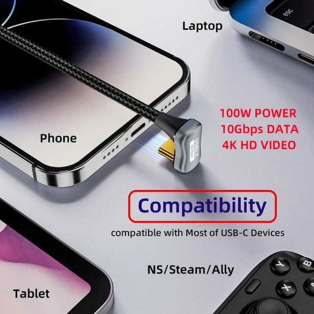 Alt view image 2 of 7 - Vszerda Opposite U Shape Back Angled USB-C USB 3.1 Type-C Male to Female Extension Data Cable 10Gbps 100W with Sleeve (100cm)