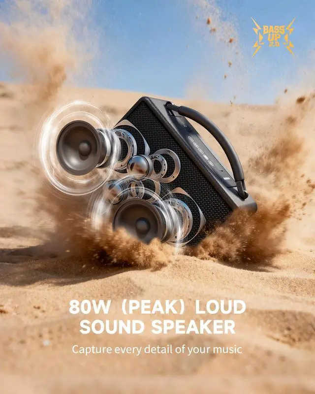 Alt view image 2 of 7 - Portable Bluetooth Speaker: 80W (Peak), 20H Playtime, Loud Wireless Wood Speakers with Bass, AUX and USB Input, Subwoofer, TWS Pairing, Vintage Speaker for Outdoor, Home, Office (Black)