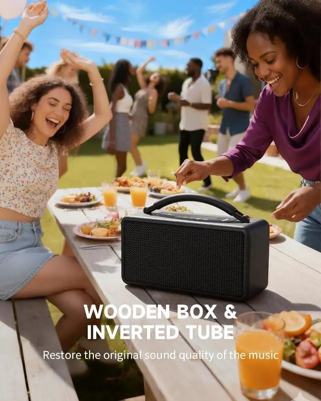 Alt view image 7 of 7 - Portable Bluetooth Speaker: 80W (Peak), 20H Playtime, Loud Wireless Wood Speakers with Bass, AUX and USB Input, Subwoofer, TWS Pairing, Vintage Speaker for Outdoor, Home, Office (Black)