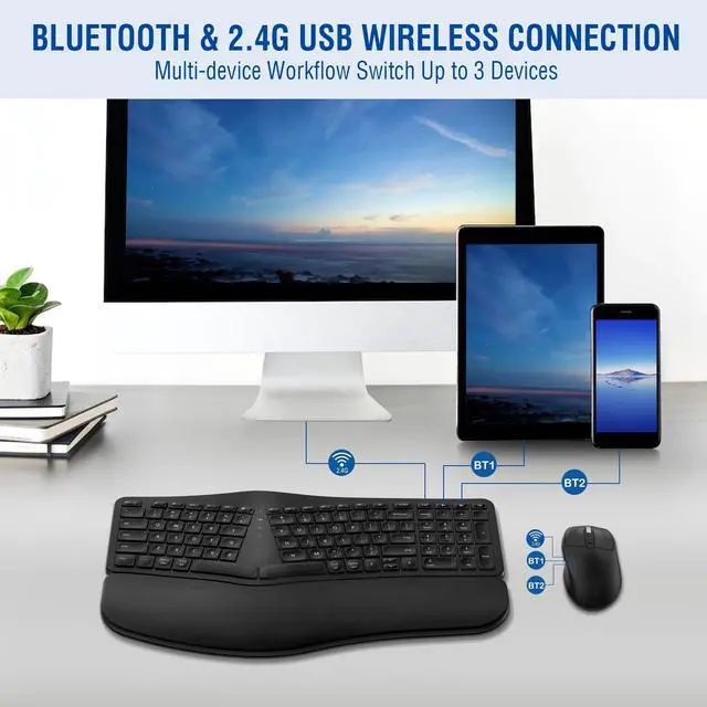Alt view image 3 of 7 - MK960 Ergonomic Wireless Keyboard Mouse Combo, Bluetooth/2.4G Split Design Keyboard with Palm Rest and 4 Level DPI Adjustable Wireless Mouse Multi-Device, Rechargeable, for Windows/Mac/Android