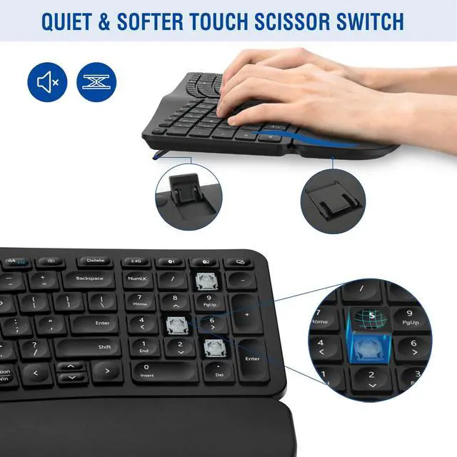 Alt view image 5 of 7 - MK960 Ergonomic Wireless Keyboard Mouse Combo, Bluetooth/2.4G Split Design Keyboard with Palm Rest and 4 Level DPI Adjustable Wireless Mouse Multi-Device, Rechargeable, for Windows/Mac/Android