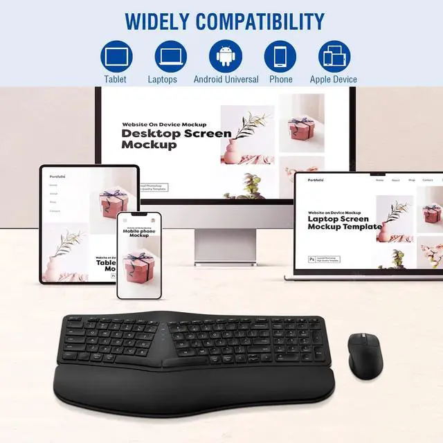 Alt view image 7 of 7 - MK960 Ergonomic Wireless Keyboard Mouse Combo, Bluetooth/2.4G Split Design Keyboard with Palm Rest and 4 Level DPI Adjustable Wireless Mouse Multi-Device, Rechargeable, for Windows/Mac/Android