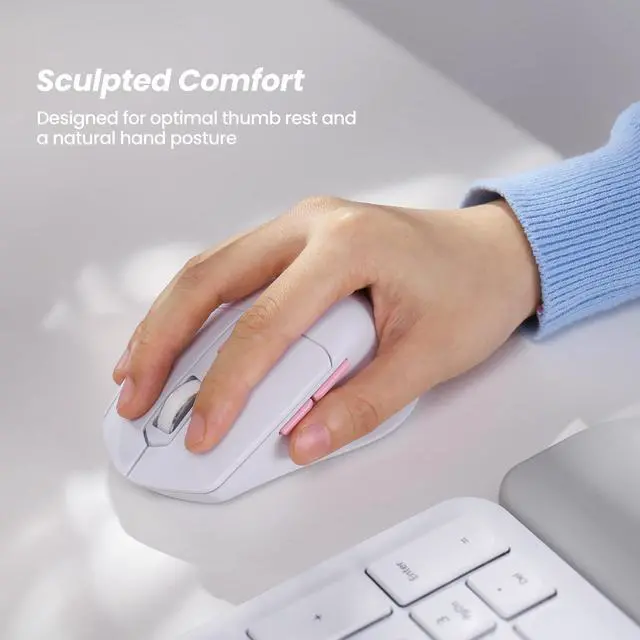 Alt view image 5 of 7 - KM75 Wireless Keyboard and Mouse Combo, Comfortable Natural Typing, Palm Rest, Multi-Device (Bluetooth, 2.4G, Wired), Rechargeable, for Multi-OS, Windows, Mac, Android (White Pink)