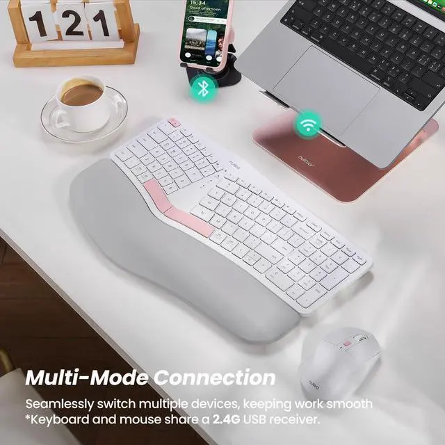 Alt view image 4 of 7 - KM75 Wireless Keyboard and Mouse Combo, Comfortable Natural Typing, Palm Rest, Multi-Device (Bluetooth, 2.4G, Wired), Rechargeable, for Multi-OS, Windows, Mac, Android (White Pink)