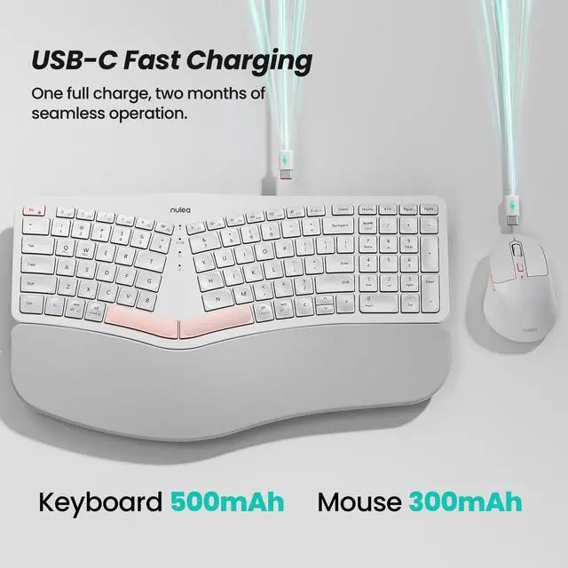 Alt view image 6 of 7 - KM75 Wireless Keyboard and Mouse Combo, Comfortable Natural Typing, Palm Rest, Multi-Device (Bluetooth, 2.4G, Wired), Rechargeable, for Multi-OS, Windows, Mac, Android (White Pink)