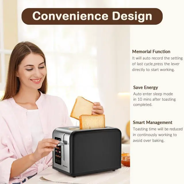 Alt view image 5 of 7 - 2 Slice Touch Screen Toaster, 1.5" Wide Slot, Stainless Steel Smart Toaster for Bagels, Muffins, Waffles, Gluten-Free Breads, Defrost, Reheat, Timer, 120V 825W, Matt Black