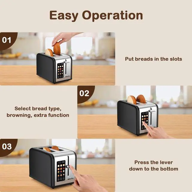 Alt view image 6 of 7 - 2 Slice Touch Screen Toaster, 1.5" Wide Slot, Stainless Steel Smart Toaster for Bagels, Muffins, Waffles, Gluten-Free Breads, Defrost, Reheat, Timer, 120V 825W, Matt Black