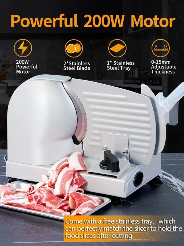 Alt view image 2 of 6 - Meat Slicer, 200W Electric Food Slicer with 2 Removable 7.5" Blades | 200W Motor, 2 Removable 7.5" Stainless Steel Blades, Stainless Steel Tray, Child Lock, 0-15 mm Adjustable Thickness