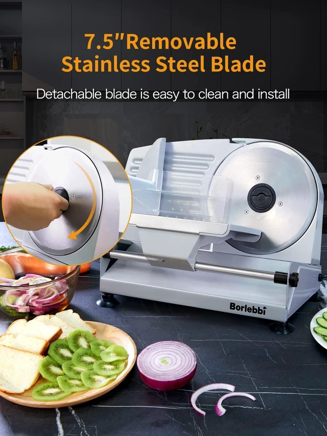 Alt view image 4 of 6 - Meat Slicer, 200W Electric Food Slicer with 2 Removable 7.5" Blades | 200W Motor, 2 Removable 7.5" Stainless Steel Blades, Stainless Steel Tray, Child Lock, 0-15 mm Adjustable Thickness
