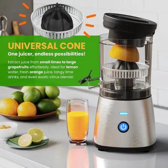 Alt view image 4 of 7 - Electric Citrus Juicer Stainless Steel | Premium Hands-Free One-Touch Orange Juice Squeezer for Oranges, Lemons, and Limes | Quiet Operation, Easy to Clean, Countertop Small Kitchen Appliance