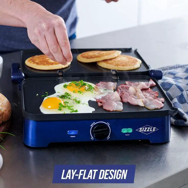 Alt view image 3 of 6 - Ceramic Nonstick, Electric Contact Sizzle Griddle with Grill and Waffle Plates, Open Flat Design, Dishwasher Safe Removable Plates, Adjustable Temperature Control, PFAS-Free, Blue