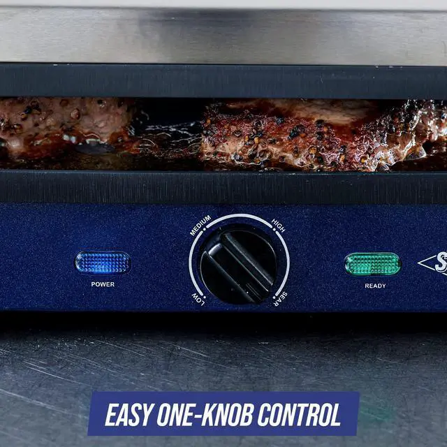 Alt view image 5 of 6 - Ceramic Nonstick, Electric Contact Sizzle Griddle with Grill and Waffle Plates, Open Flat Design, Dishwasher Safe Removable Plates, Adjustable Temperature Control, PFAS-Free, Blue