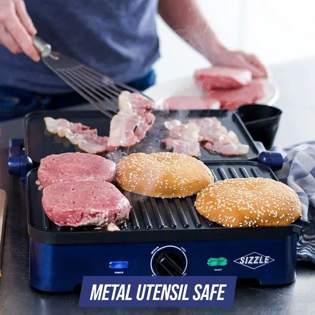 Alt view image 6 of 6 - Ceramic Nonstick, Electric Contact Sizzle Griddle with Grill and Waffle Plates, Open Flat Design, Dishwasher Safe Removable Plates, Adjustable Temperature Control, PFAS-Free, Blue