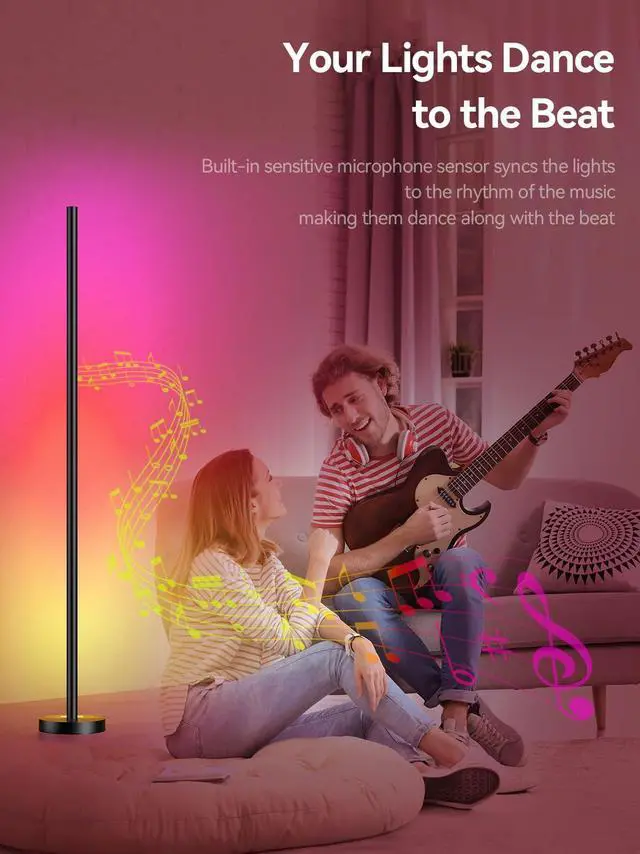 Alt view image 4 of 7 - Smart RGBICW LED Corner Floor Lamp - 16 Million DIY Colors, 68+ Scenes, Music Sync, App & Remote Control, Color-Changing Ambient Lighting for Living Rooms, Bedrooms, and Gaming Rooms