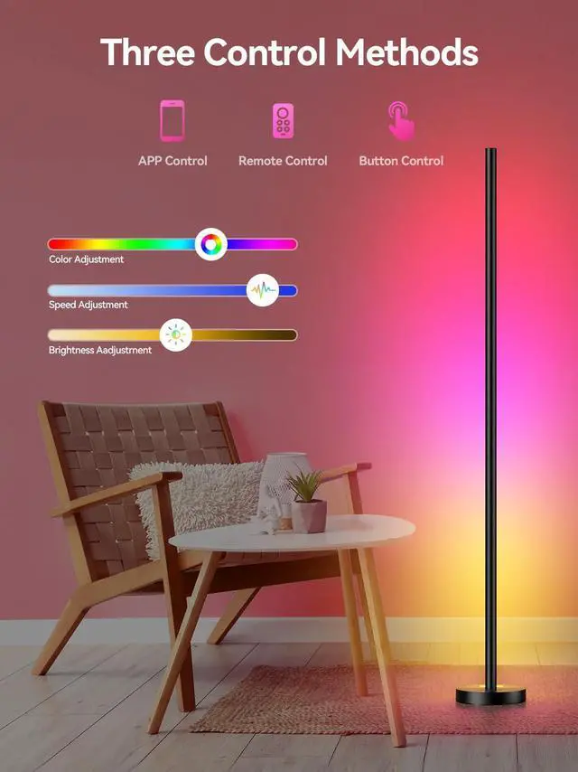 Alt view image 3 of 7 - Smart RGBICW LED Corner Floor Lamp - 16 Million DIY Colors, 68+ Scenes, Music Sync, App & Remote Control, Color-Changing Ambient Lighting for Living Rooms, Bedrooms, and Gaming Rooms