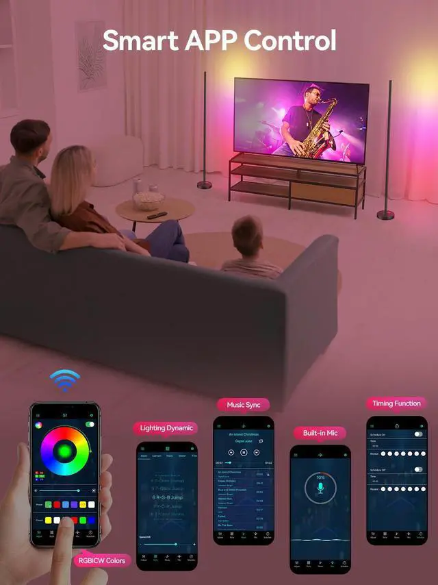 Alt view image 5 of 7 - Smart RGBICW LED Corner Floor Lamp - 16 Million DIY Colors, 68+ Scenes, Music Sync, App & Remote Control, Color-Changing Ambient Lighting for Living Rooms, Bedrooms, and Gaming Rooms