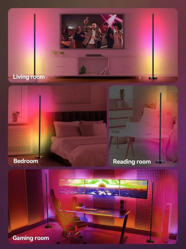 Alt view image 7 of 7 - Smart RGBICW LED Corner Floor Lamp - 16 Million DIY Colors, 68+ Scenes, Music Sync, App & Remote Control, Color-Changing Ambient Lighting for Living Rooms, Bedrooms, and Gaming Rooms