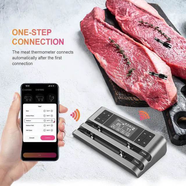 Alt view image 2 of 7 - Wireless Smart Meat Thermometer with Dual-Sensor Probe, 500FT Remote Monitoring, Dedicated App, Real-Time Ambient and Food Temperature Tracking for Precise Cooking Control
