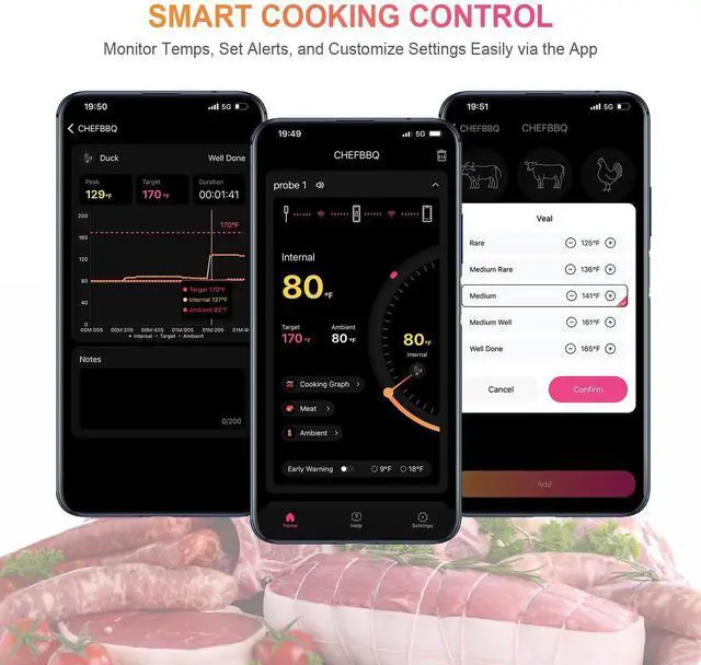 Alt view image 6 of 7 - Wireless Smart Meat Thermometer with Dual-Sensor Probe, 500FT Remote Monitoring, Dedicated App, Real-Time Ambient and Food Temperature Tracking for Precise Cooking Control