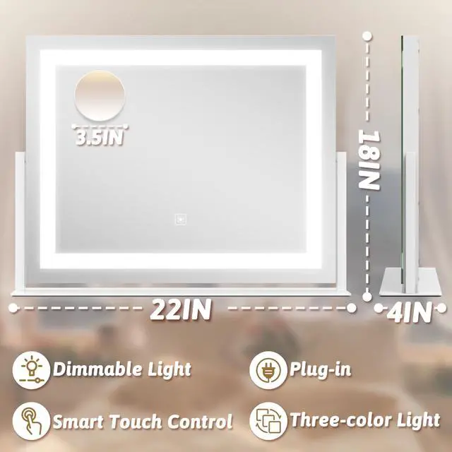 Alt view image 2 of 7 - Vanity Mirror with Lights 22"x18", Lighted Makeup Mirror with 10X Magnification, Smart Touch 3 Colors Dimmable, 360° Rotation, Women Gift, Dresser Mount, Bathroom (White)