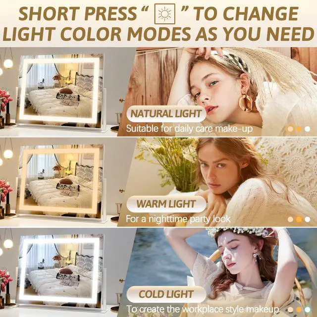 Alt view image 3 of 7 - Vanity Mirror with Lights 22"x18", Lighted Makeup Mirror with 10X Magnification, Smart Touch 3 Colors Dimmable, 360° Rotation, Women Gift, Dresser Mount, Bathroom (White)