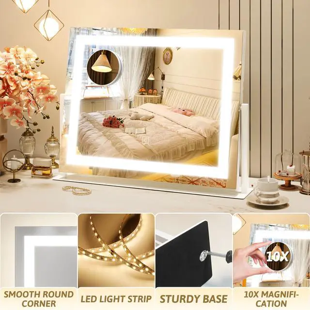 Alt view image 5 of 7 - Vanity Mirror with Lights 22"x18", Lighted Makeup Mirror with 10X Magnification, Smart Touch 3 Colors Dimmable, 360° Rotation, Women Gift, Dresser Mount, Bathroom (White)