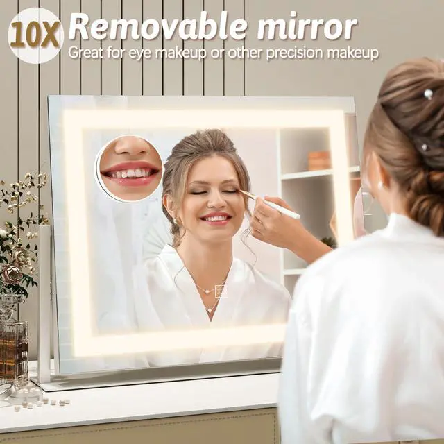 Alt view image 6 of 7 - Vanity Mirror with Lights 22"x18", Lighted Makeup Mirror with 10X Magnification, Smart Touch 3 Colors Dimmable, 360° Rotation, Women Gift, Dresser Mount, Bathroom (White)