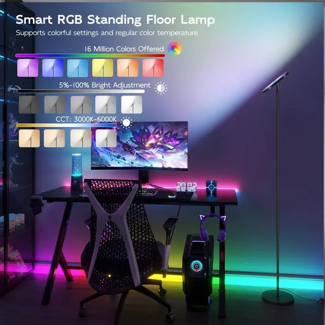 Alt view image 2 of 7 - Smart RGB Floor Lamps for Living Room, 32W Bright LED Floor Lamp with APP and Remote Control, Tall Standing Lamp with Stepless Dimmable, Modern Torchiere Corner Lamp for Bedroom, Gaming Room