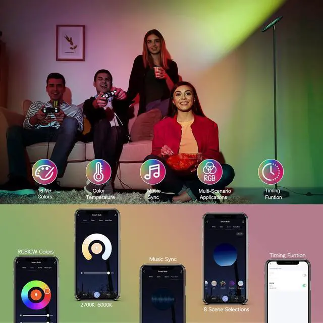 Alt view image 3 of 7 - Smart RGB Floor Lamps for Living Room, 32W Bright LED Floor Lamp with APP and Remote Control, Tall Standing Lamp with Stepless Dimmable, Modern Torchiere Corner Lamp for Bedroom, Gaming Room