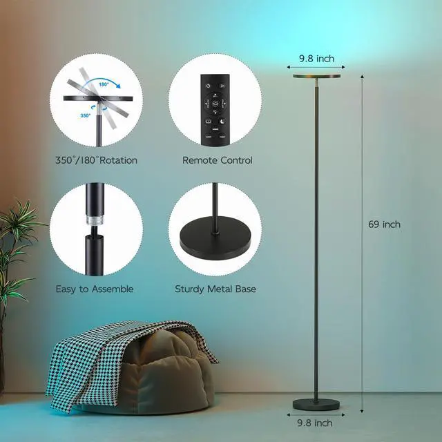 Alt view image 4 of 7 - Smart RGB Floor Lamps for Living Room, 32W Bright LED Floor Lamp with APP and Remote Control, Tall Standing Lamp with Stepless Dimmable, Modern Torchiere Corner Lamp for Bedroom, Gaming Room