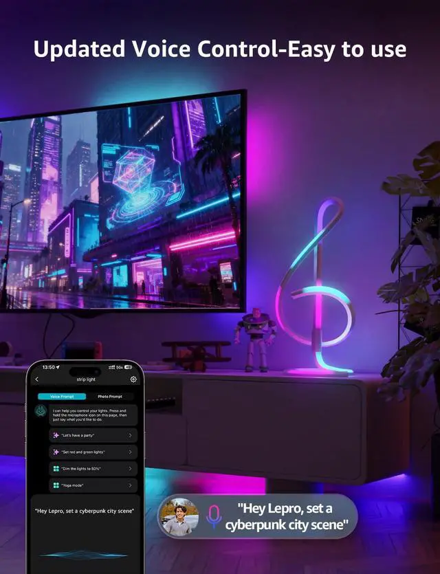 Alt view image 3 of 7 - TB2 AI Smart Table Lamp, RGB+IC Addressable LED Lamps Alexa Google Home Enable, APP Control DIY Color Changing Modern Spiral Lamp, Music Sync, AI Generated Lighting LLM, 2.4 GHz WiFi/Bluetooth
