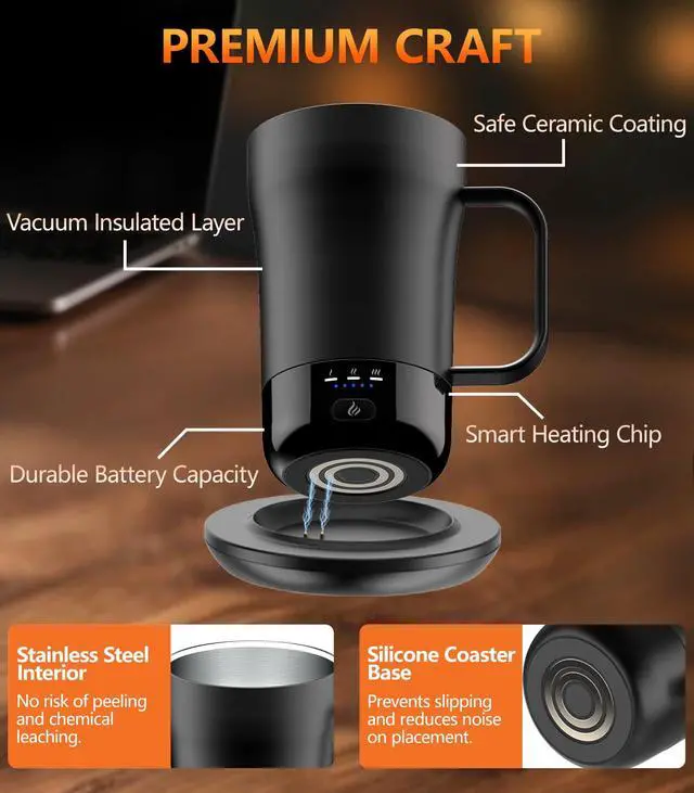 Alt view image 5 of 7 - Self-Heating Coffee Mug, 14oz Heated Coffee Mug - Rechargeable Temperature Control Coffee Mug Keep Coffee Hot, Smart Mug Great Gift for Coffee Lovers & Slow Sippers