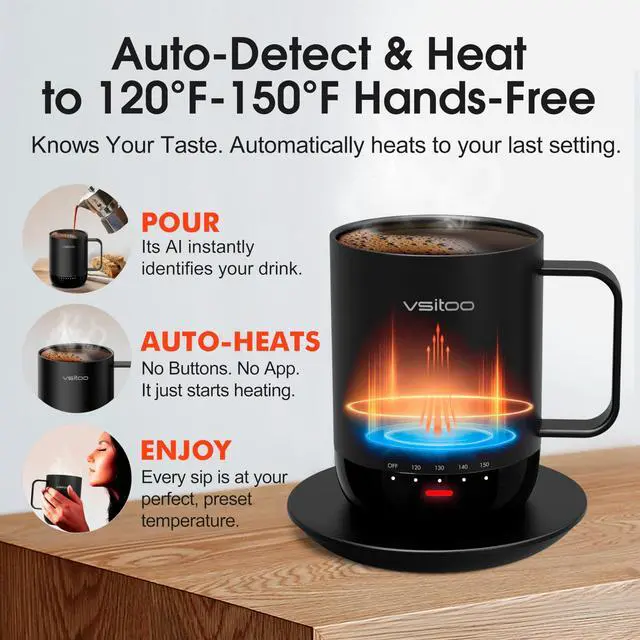 Alt view image 2 of 7 - S3 Pro 14oz Smart Self Heating Coffee Mug,Heated Coffee Mug with Auto-Sensing AI Heats Drinks to 120-150°F Hands-Free.Perfect for Home/Office,Ideal Gift fo Men/Women, Black