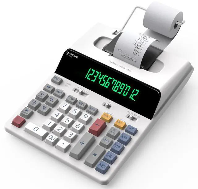 Main image of 12 Digit Thermal Printing Calculator with Tape Print Out, Ink-Free Adding Machine, 3X Faster Quite at 8.0 LPS, Extra Large Fluorescent Display, Tax Calculation with Clock and Calendar, SP-2401