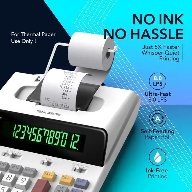 Alt view image 2 of 7 - 12 Digit Thermal Printing Calculator with Tape Print Out, Ink-Free Adding Machine, 3X Faster Quite at 8.0 LPS, Extra Large Fluorescent Display, Tax Calculation with Clock and Calendar, SP-2401