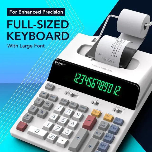 Alt view image 4 of 7 - 12 Digit Thermal Printing Calculator with Tape Print Out, Ink-Free Adding Machine, 3X Faster Quite at 8.0 LPS, Extra Large Fluorescent Display, Tax Calculation with Clock and Calendar, SP-2401