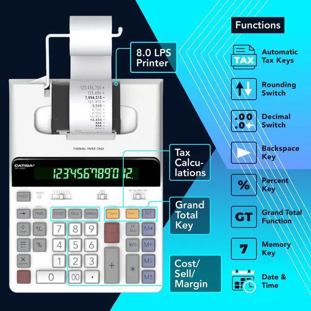 Alt view image 6 of 7 - 12 Digit Thermal Printing Calculator with Tape Print Out, Ink-Free Adding Machine, 3X Faster Quite at 8.0 LPS, Extra Large Fluorescent Display, Tax Calculation with Clock and Calendar, SP-2401