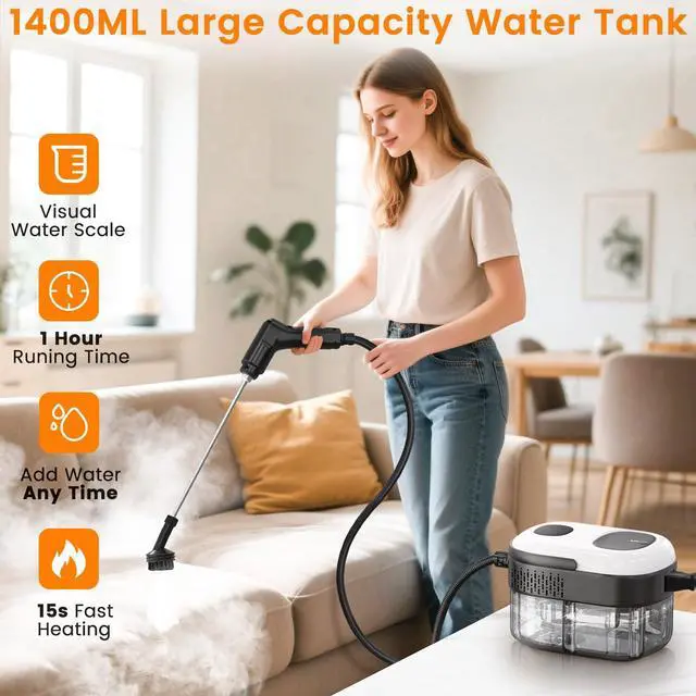 Alt view image 2 of 7 - Pressurized Steam Cleaner, 3-Level Adjustable Handheld Steamer Cleaning for Home, 15s Fast Heat-Up & 47.3oz Tank, 2500W Multi-Surface Portable Steamer for Floor/Grout/Car/Kitchen & Bathroom
