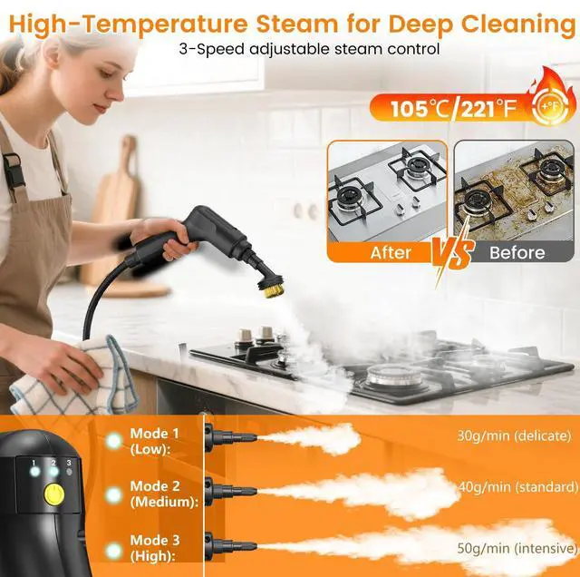 Alt view image 4 of 7 - Pressurized Steam Cleaner, 3-Level Adjustable Handheld Steamer Cleaning for Home, 15s Fast Heat-Up & 47.3oz Tank, 2500W Multi-Surface Portable Steamer for Floor/Grout/Car/Kitchen & Bathroom
