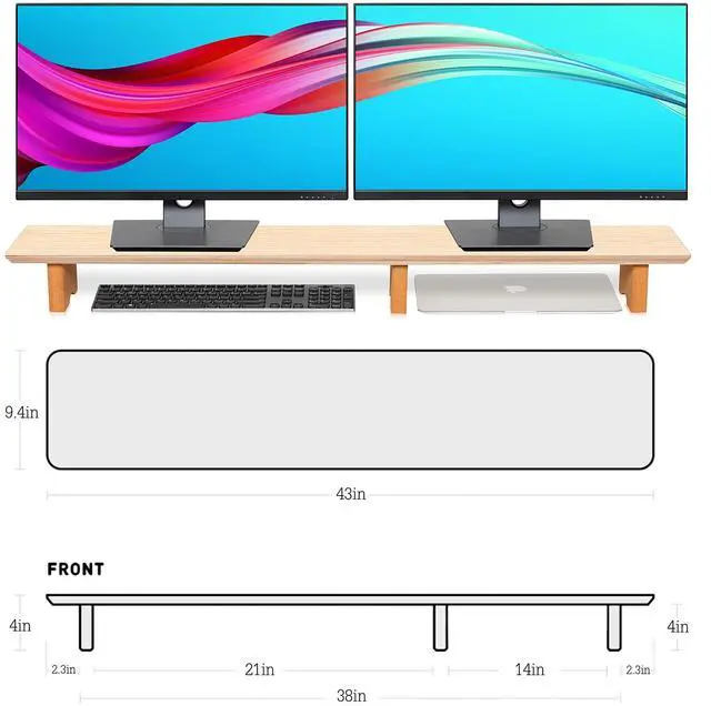 Alt view image 4 of 7 - Large Dual Monitor Stand Riser, Solid Wood Desk Shelf with Eco Cork Legs for Laptop Computer/TV/PC/Printers, Perfect Desktop Stands Organizer with Underneath Storage for Office Accessories