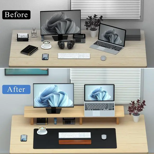 Alt view image 6 of 7 - Large Dual Monitor Stand Riser, Solid Wood Desk Shelf with Eco Cork Legs for Laptop Computer/TV/PC/Printers, Perfect Desktop Stands Organizer with Underneath Storage for Office Accessories