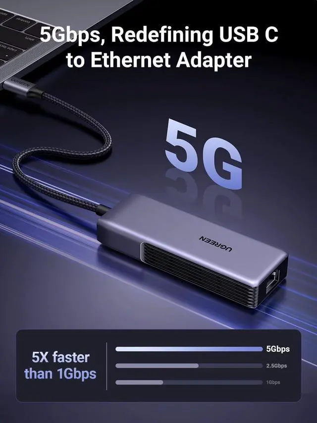 Alt view image 2 of 7 - USB C to Ethernet Adapter 5Gb, Ethernet Adapter for Laptop, Aluminum with Thermal Design, Type C (Thunderbolt 5/4/3 Compatible) to RJ45 Network LAN Internet, Compatible for MacBook Air/Pro, XPS