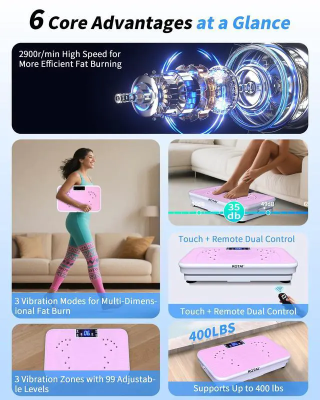 Alt view image 4 of 7 - Shake Plate Vibration Exercise Machine for Lymphatic Drainage Massager & Weight Loss, 400 lbs Capacity Whole Body Vibrating Plate Workout for Women and Men (Baby Pink)