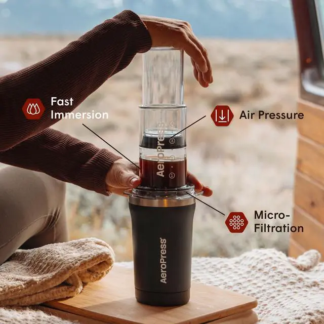 Alt view image 2 of 6 - Go Plus, Small Portable Coffee Maker Kit, Travel, Camping & Office, All-in-One French Press, Pour-Over & Espresso Style Manual Brewer, 2 Min Brew for Less Bitterness, More Flavor, Black