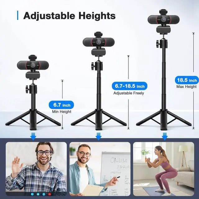 Alt view image 2 of 7 - KEHIPI C960 4K Webcam with Tripod, 4K UHD Sony Sensor, 3 Adjustable Height Mini Tripod w/Privacy Cover, PDAF Auto Focus, Dual Noise-Cancelling Mics, Auto Light Correction, Perfect for Online Meetings