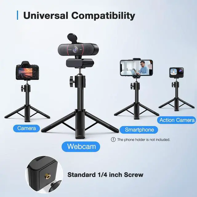 Alt view image 3 of 7 - KEHIPI C960 4K Webcam with Tripod, 4K UHD Sony Sensor, 3 Adjustable Height Mini Tripod w/Privacy Cover, PDAF Auto Focus, Dual Noise-Cancelling Mics, Auto Light Correction, Perfect for Online Meetings