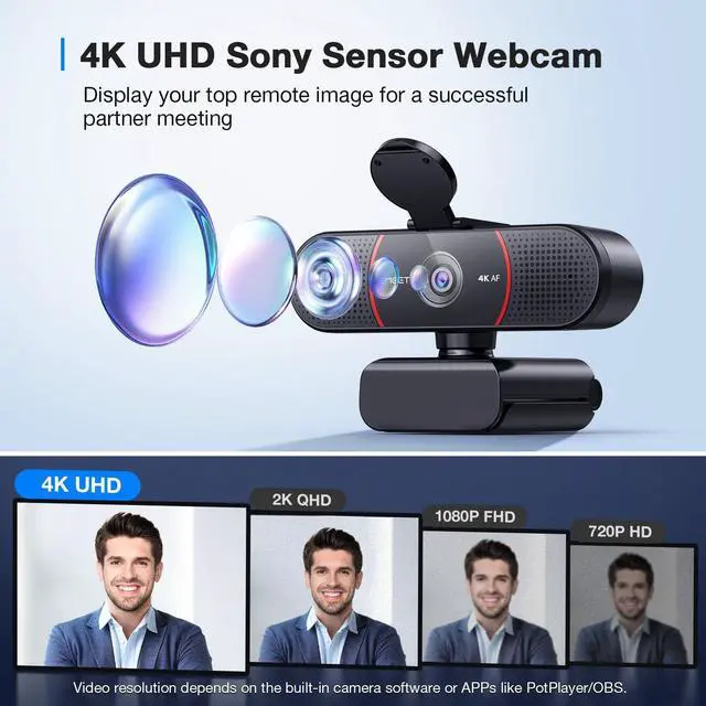 Alt view image 4 of 7 - KEHIPI C960 4K Webcam with Tripod, 4K UHD Sony Sensor, 3 Adjustable Height Mini Tripod w/Privacy Cover, PDAF Auto Focus, Dual Noise-Cancelling Mics, Auto Light Correction, Perfect for Online Meetings
